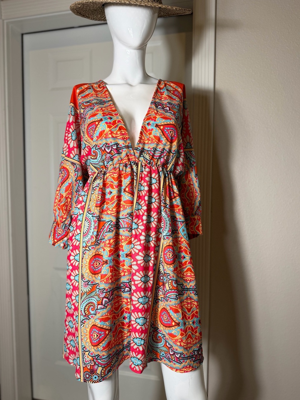 Bohemian Vibe~Colorful~Deep V-Neckline~3/4 Sleeve~Fit & Flare~Mini Dress~Size M